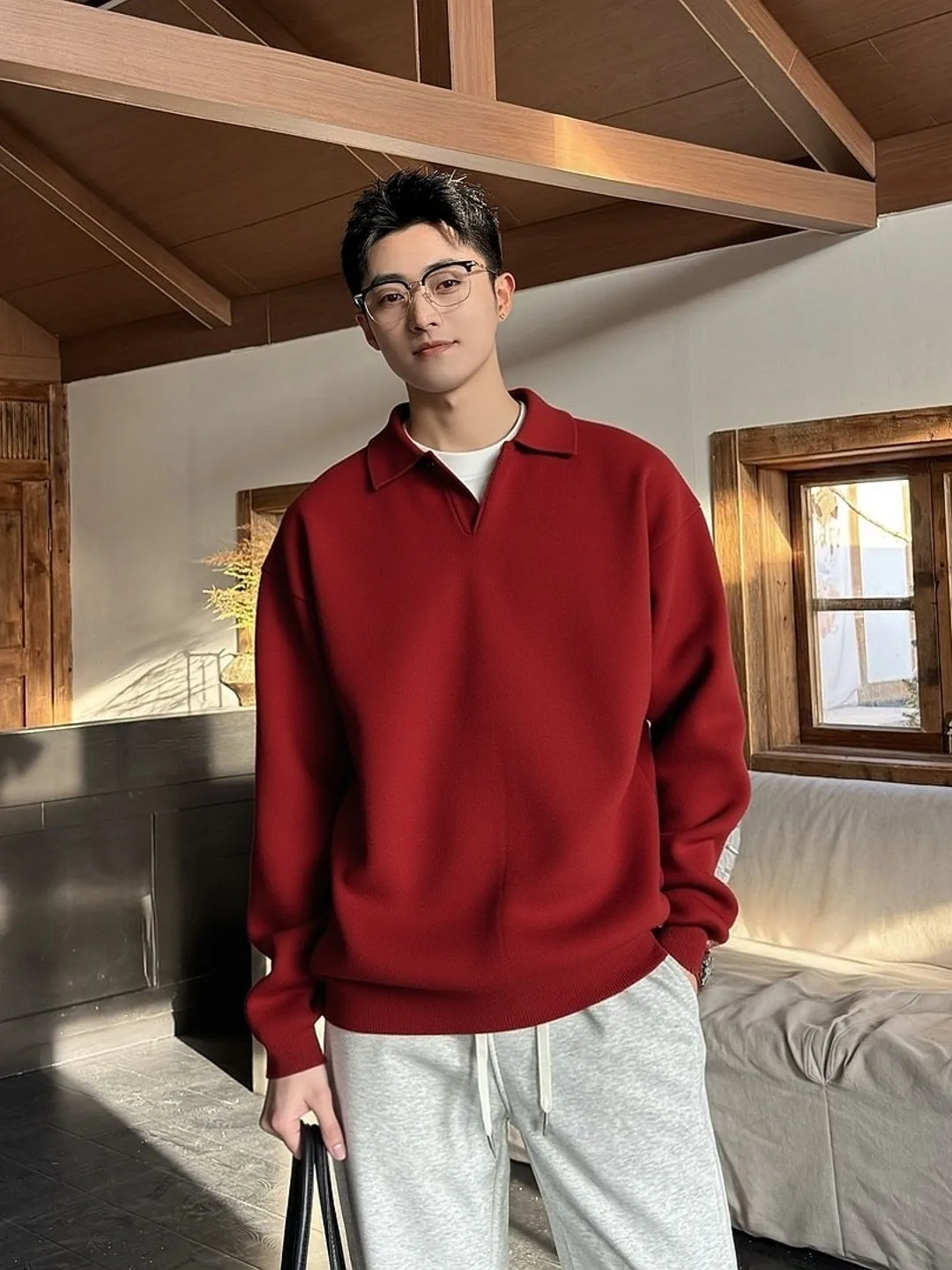 

Мужской красный свитер свободного кроя с V-образным вырезом, повседневный, зимний, модный, удобный, дышащий, с длинными рукавами, для поездок на работу и отдыха