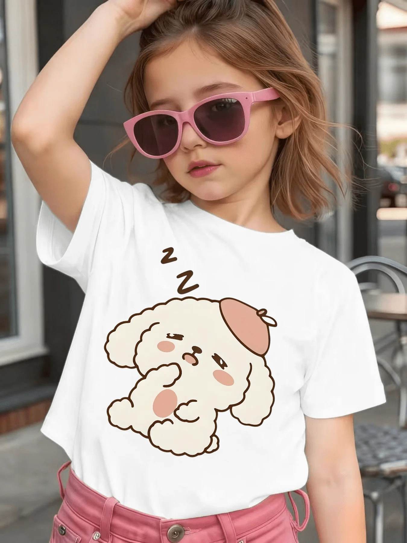Sleepy Curly Puppy Print Kids T Shirt Cotton Short Sleeve Boys Girls Parent Child Matching Summer Soft Daily Casual Tees