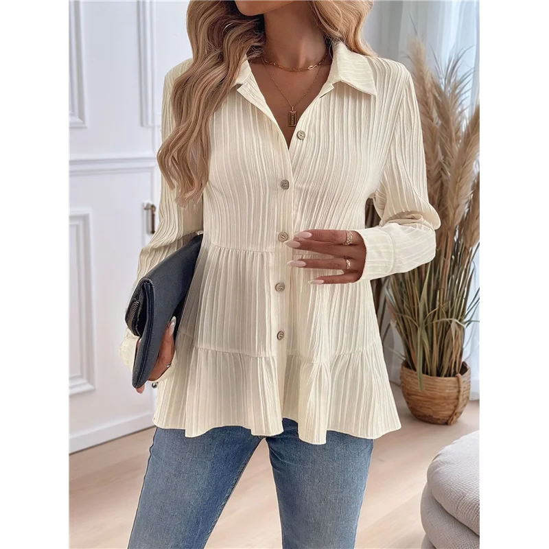 ABP-Blusa peplum con botones para mujer, camisas holgadas con cuello de manga larga, Top texturizado