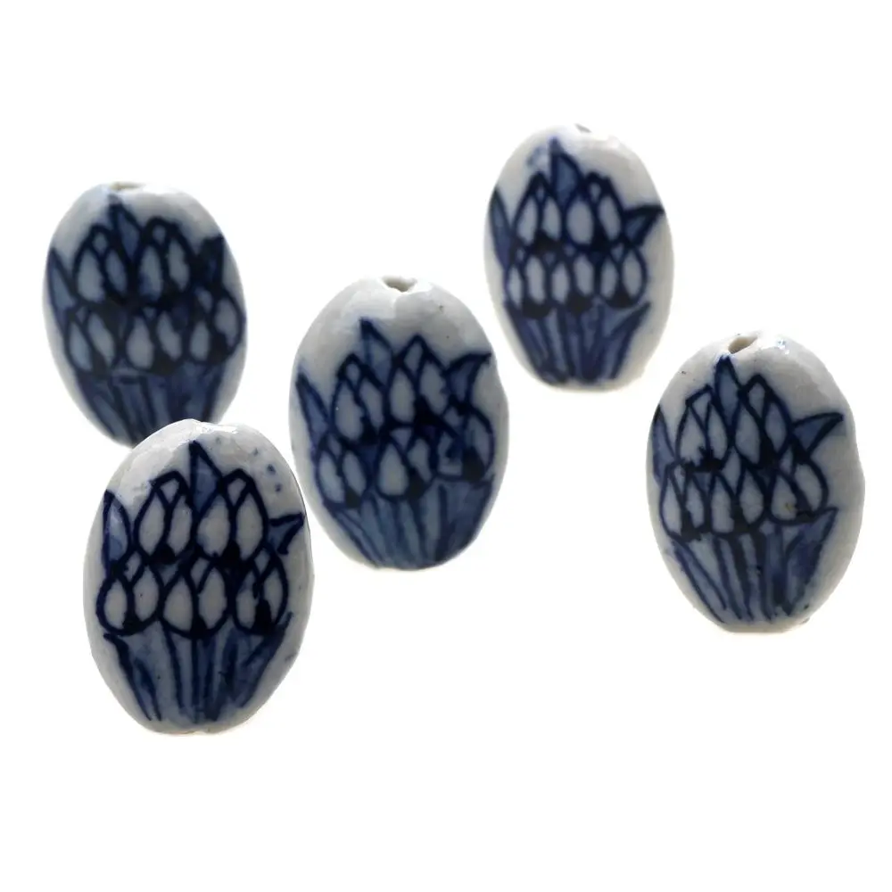 3PCS/Lot Painted Tulip Blue and White Ceramic Beads DIY Necklace/Bracelet/Earrings Making Jewelry