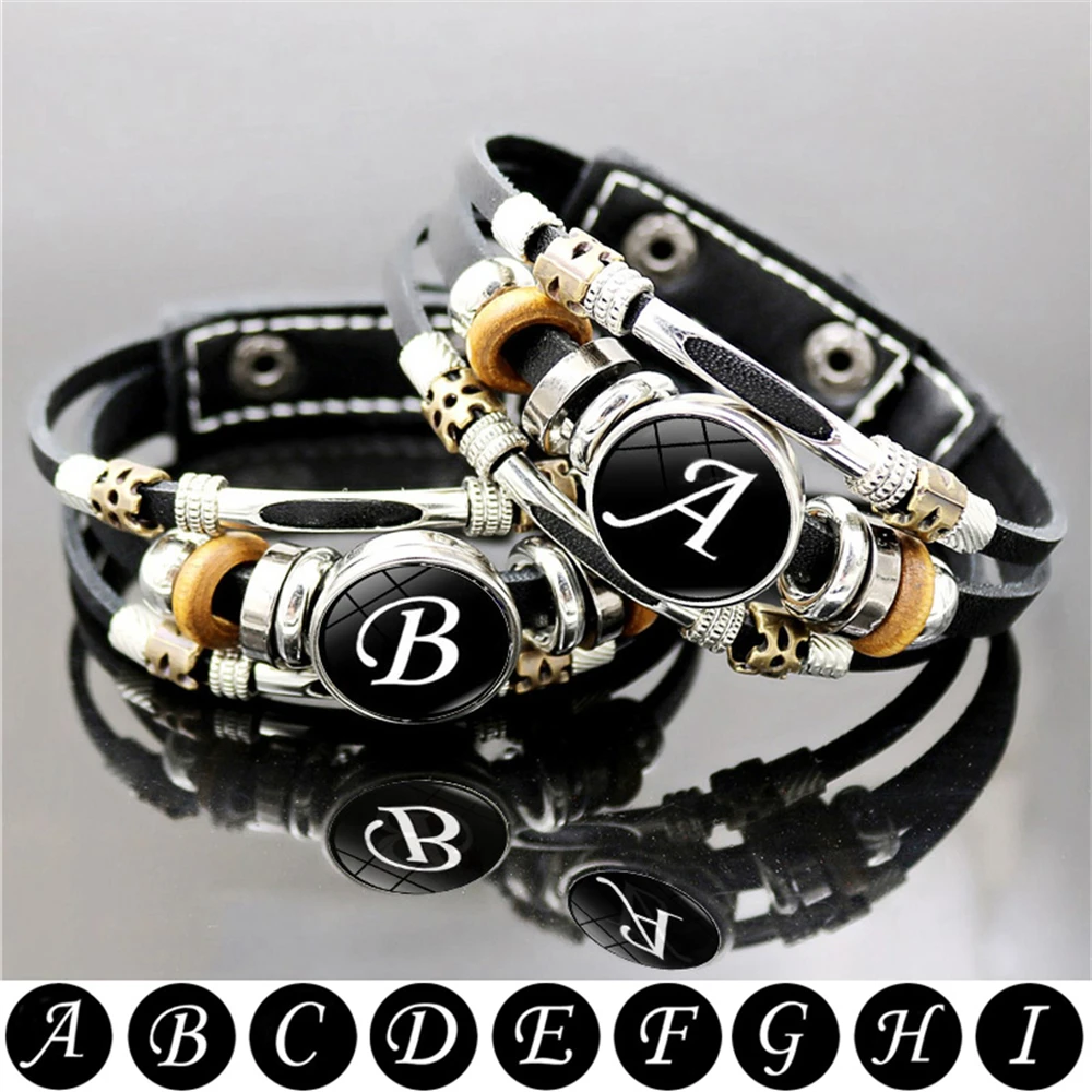 Retro A-Z Initial Alphabet Bracelet Adjustable Leather Double Side Hand Made Rope Bangles for Men Boy Gifts Jewelry