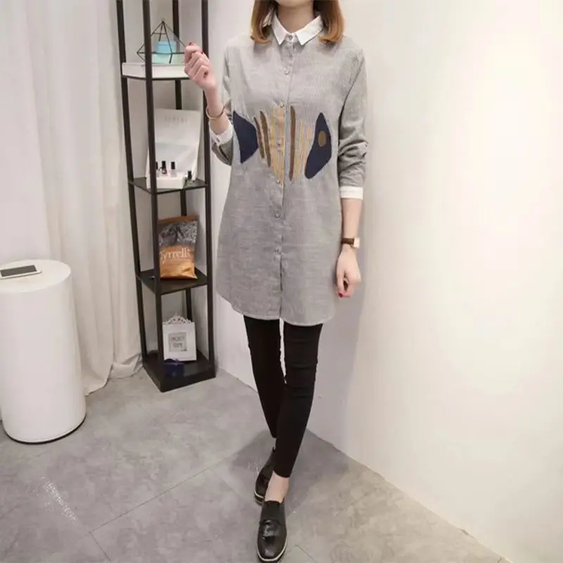 Spring Autumn New Turn-down Collar Long Sleeve Shirt Women High Street Printing Striped Button Cardigan Elegant Mid-length Tops