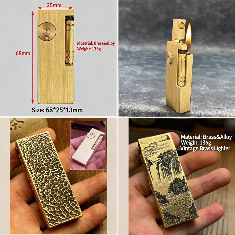 Brass Side Slide Lighter, Safe Lockable Design, Portable Retro Ignition Tool, Rugged Camping & Outdoor EDC Gadget for Smokers
