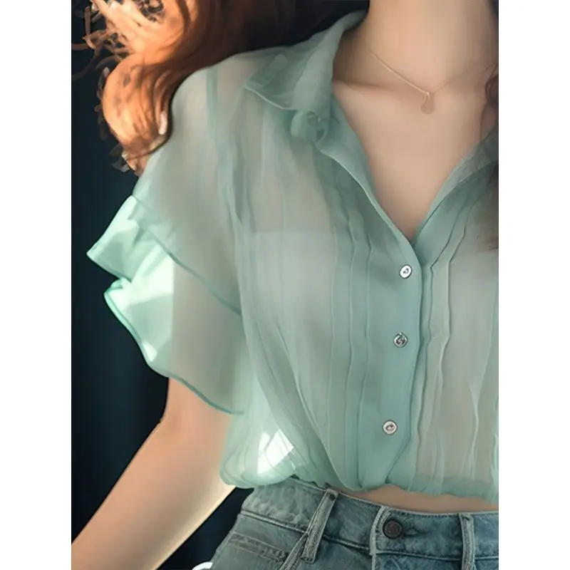 Summer New Women\'s Thin Style Blouse Polo-Neck Button Solid Color Spliced Ruffles Short Sleeve Fashion Loose All-match Shirt Top