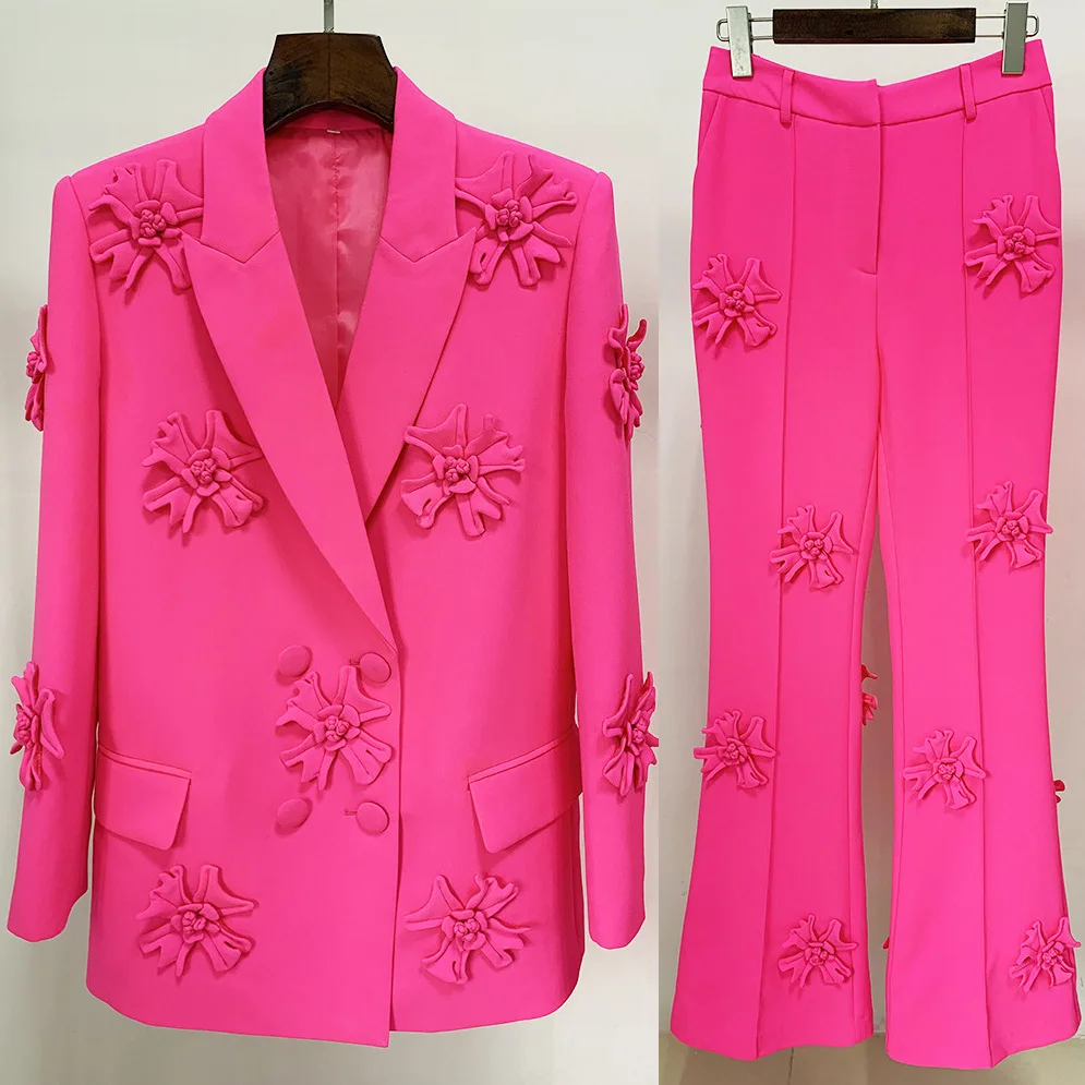 2025 Hot Selling New Double Breasted Heavy Industry Three-Dimensional Flower Decoration Suit Jacket+Pants Set