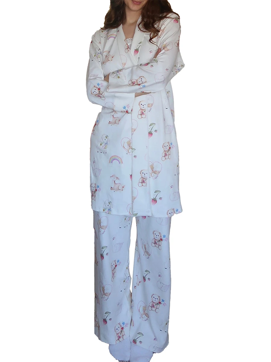 Dames 2 Delige Weekend Pyjama Set Lange Mouw Fruit Cartoon Print Gewaad Broek Set Loungewear