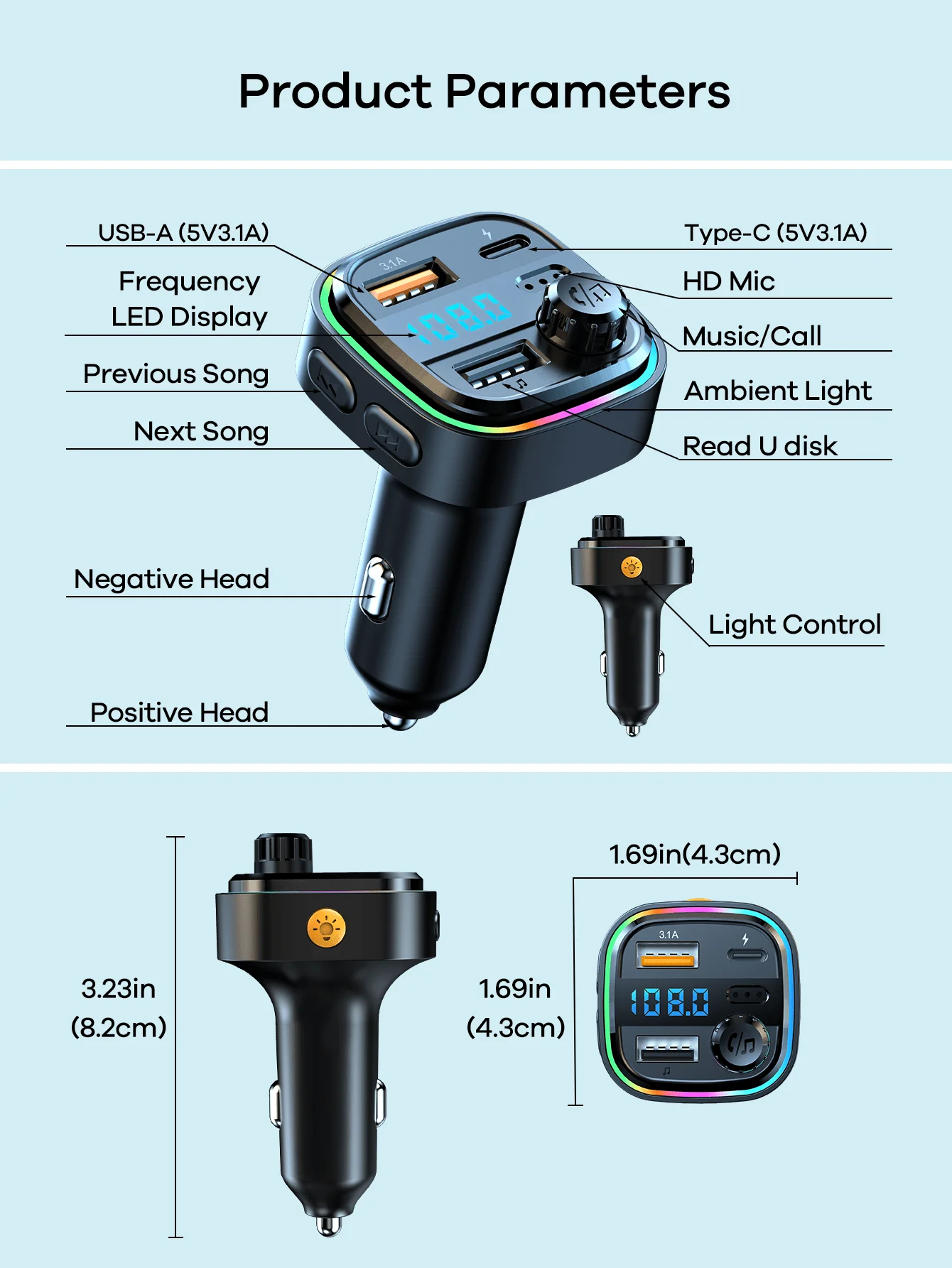 Bluetooth Car FM Transmitter With USB-A & Type-C 3.1A Fast Charging, LED Display, TF Card, Handsfree Calling, MP3 Player
