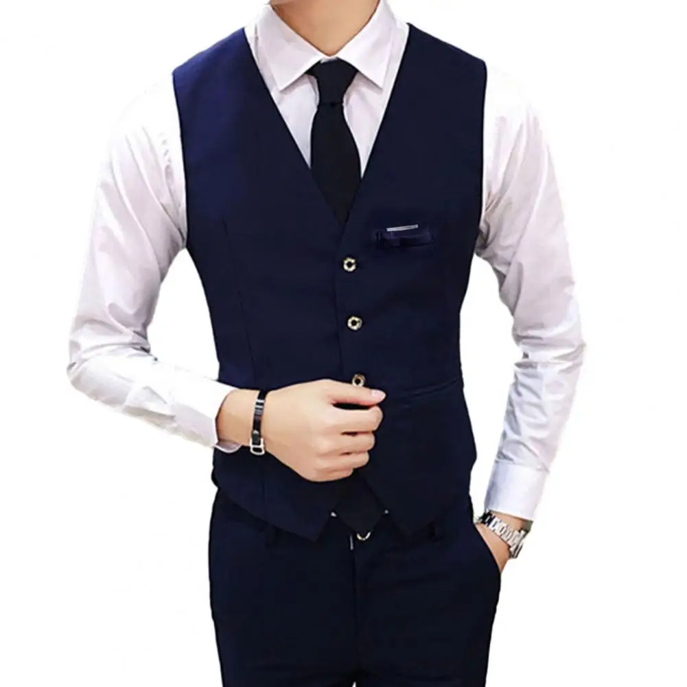 Men Suit Vest Waistcoat V Neck Sleeveless Solid Color Slim Fit Single-breasted Cardigan Formal Business Coat Groom Wedding Coat