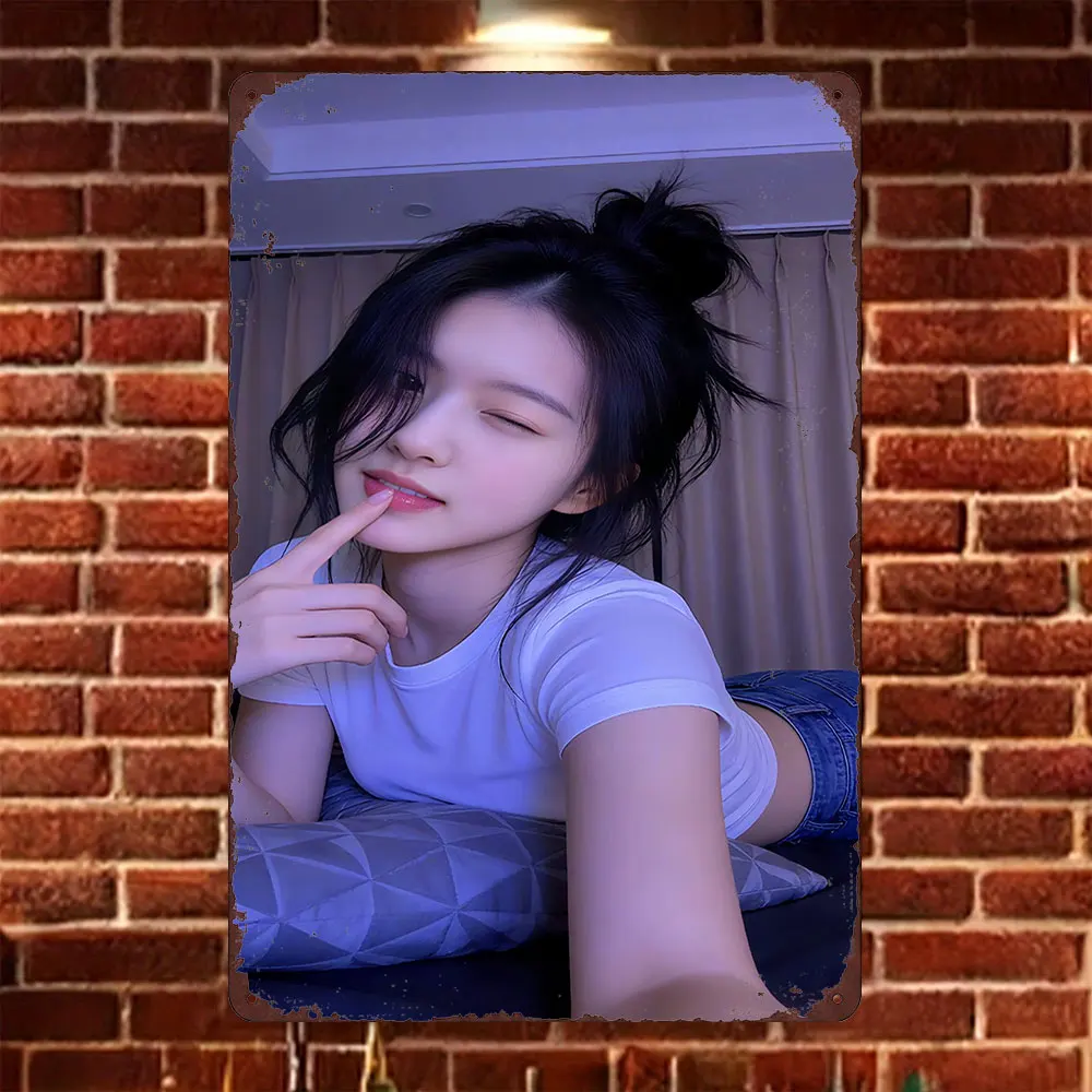 HD Tin Sign Vintage Asian Girl in White T-Shirt & Blue Jeans Lying on Bed Metal Wall Art Retro Decor for Home Bar Cafe