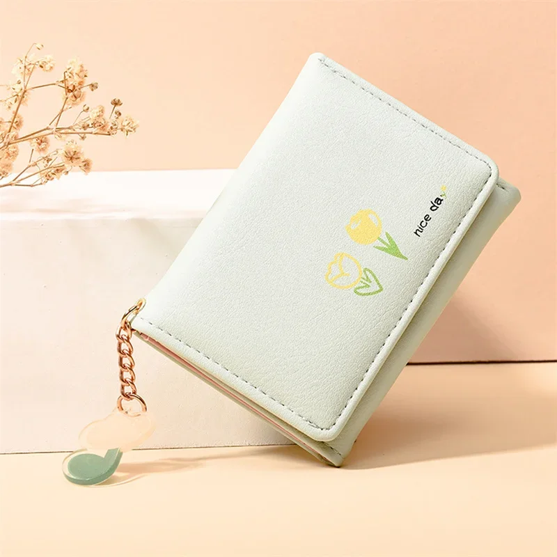 Women Short Wallet Card Wallet Coin Purse, Tulip Pattern, Fashion Multi-slot Wallet with Chain, Women PurseCompact Handy Cartera