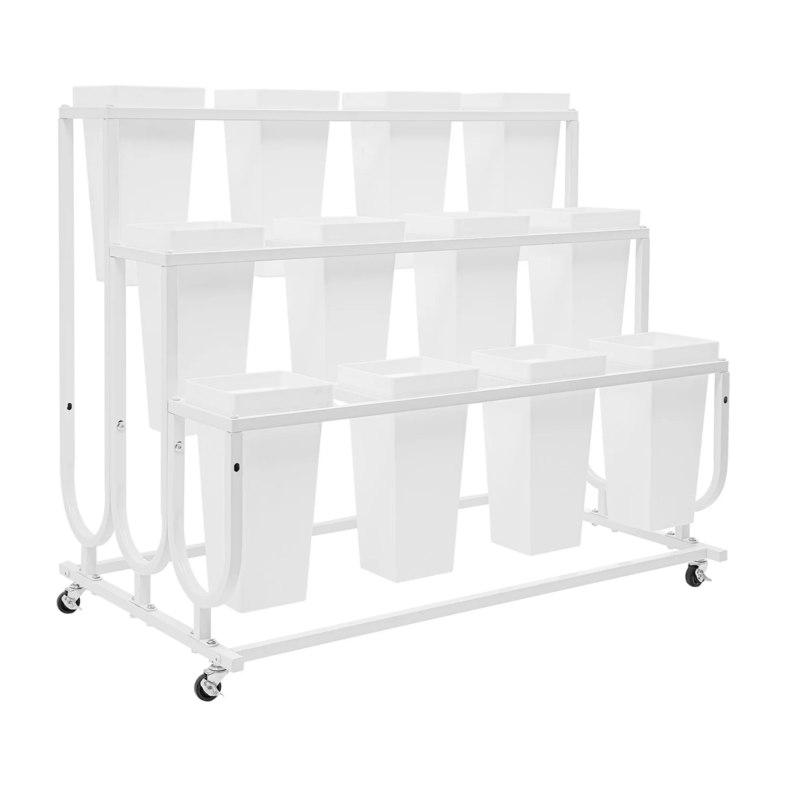 12 baldes de metal, 3 camadas, suporte de exibição de flores com 4 rodas bloqueáveis para loja de flores, casamento, casa, decoração de jardim, exibição de plantas