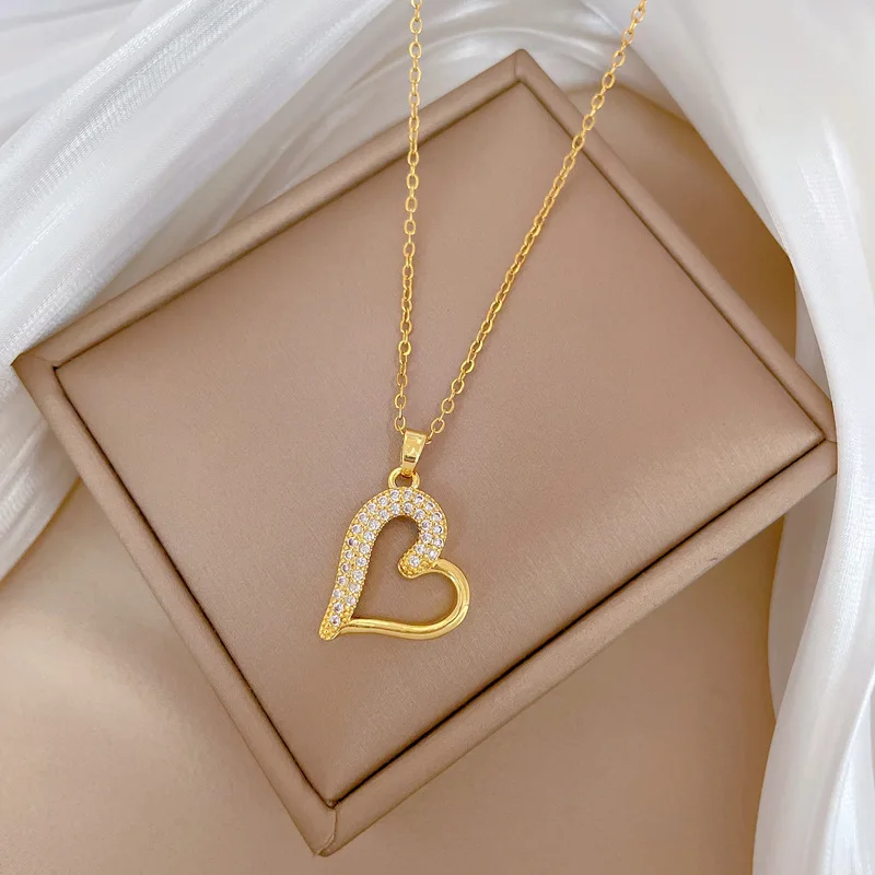 Luxury Heart Necklace for Women Full Paved Bling Cubic Zirconia 14k Gold Color Exquisite Necklace Female Wedding Jewelry