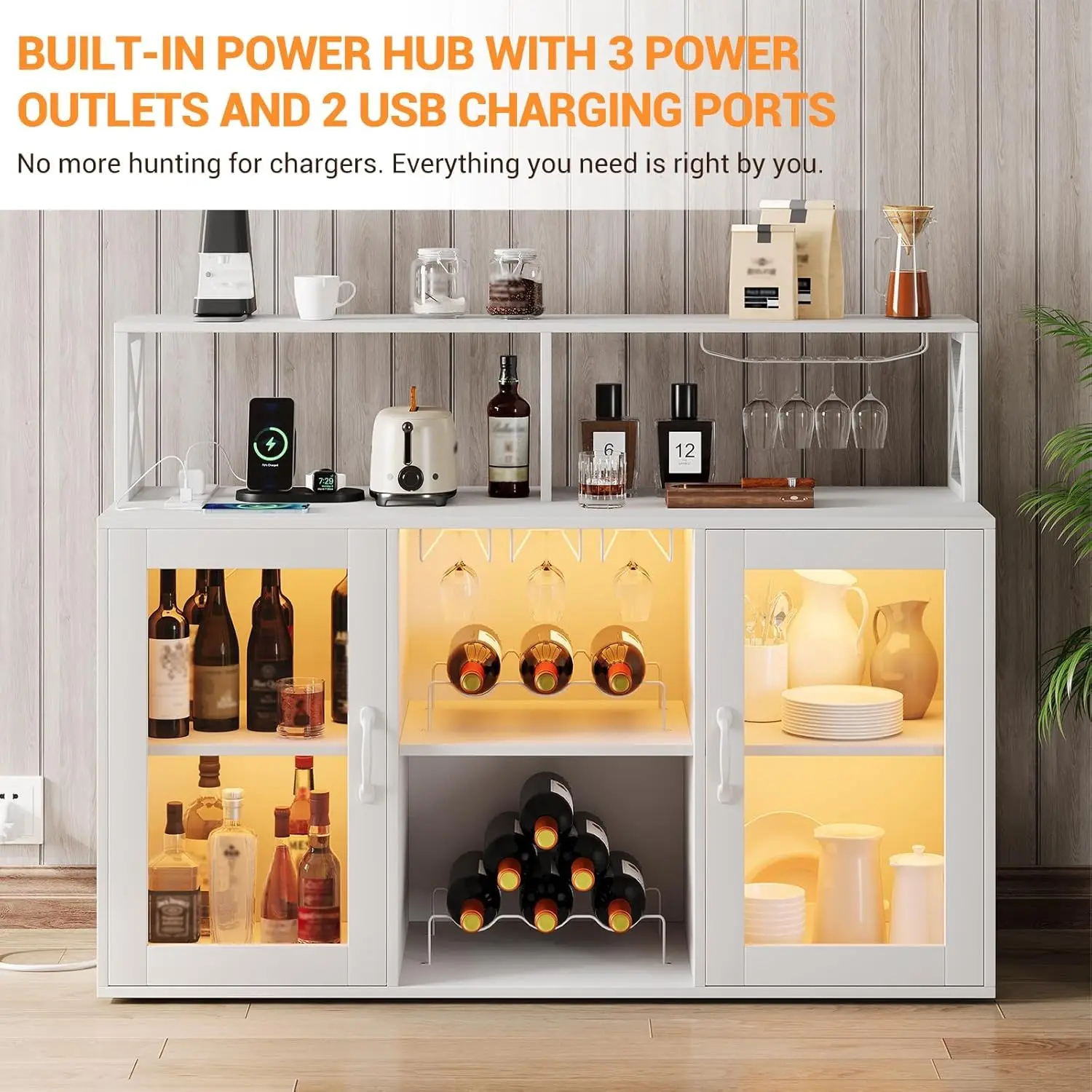Wine Bar Cabinet with Wine Rack Glass Holder Coffee Bar Storage Cabinet with LED Lights for Home Kitchen Living Room Dining Room