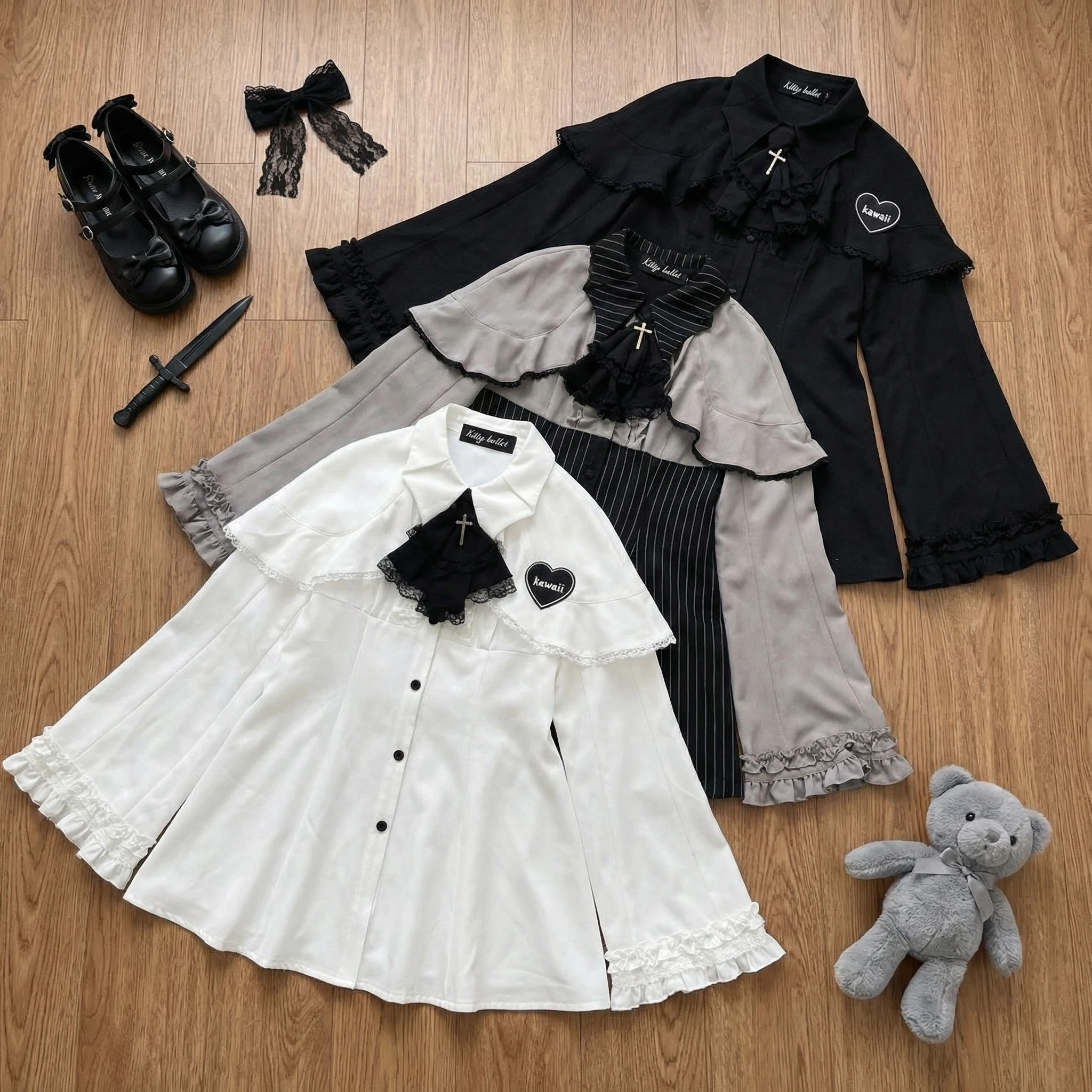 

Vintage Lolita Style Mini Dress Set Women Gothic Y2k Loose Flare Sleeve Fake Two Pieces Party Dresses Female Kawaii Cute Vestido