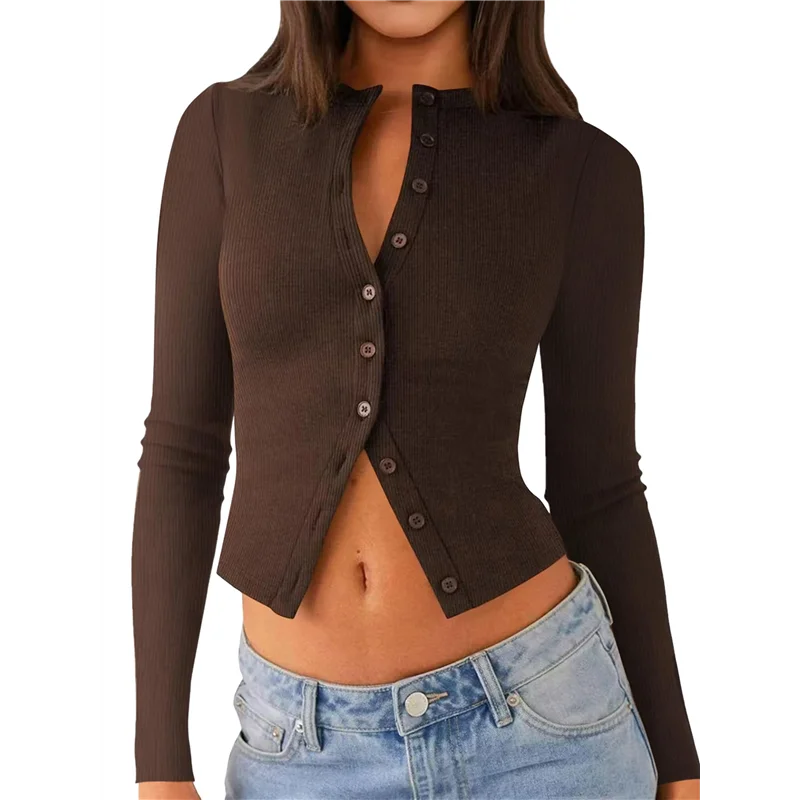 

ASDS-Womens Long Sleeve Tops Fall Light-Weight Cardigan Cropped Going Out Shirts Ribbed Button Down Cute Trendy