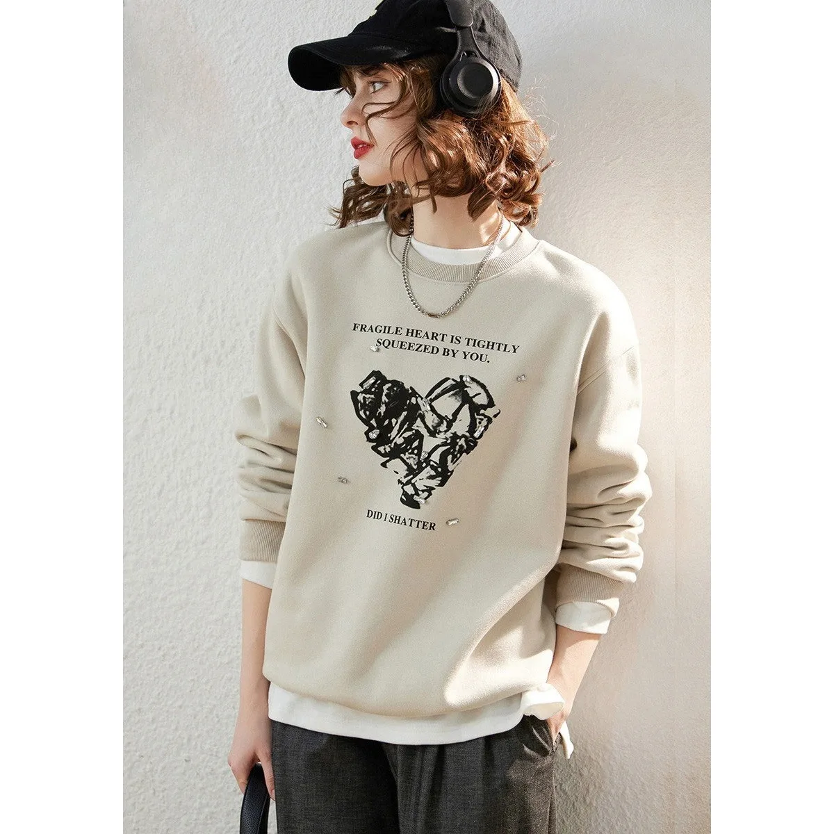 Printed Thick Velvet Hoodie Women 2025 Winter Advanced Loose Long Sleeve Sweatshirt Casual Warm Pullover Tops 