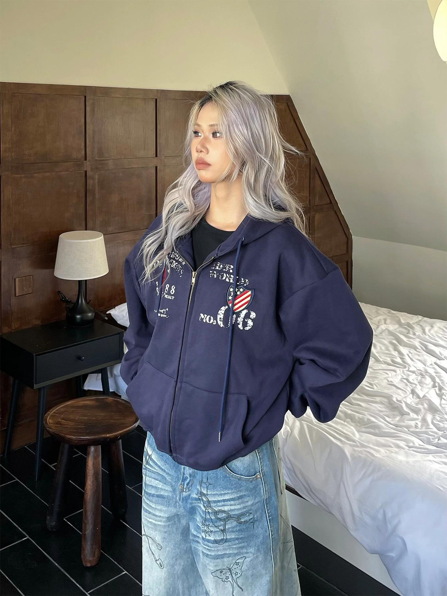 

Retro American Embroidered Letter Print Hoodie Women's Loose Versatile Zipper Cardigan Jaet Cotton Polyester Blend Long Sve