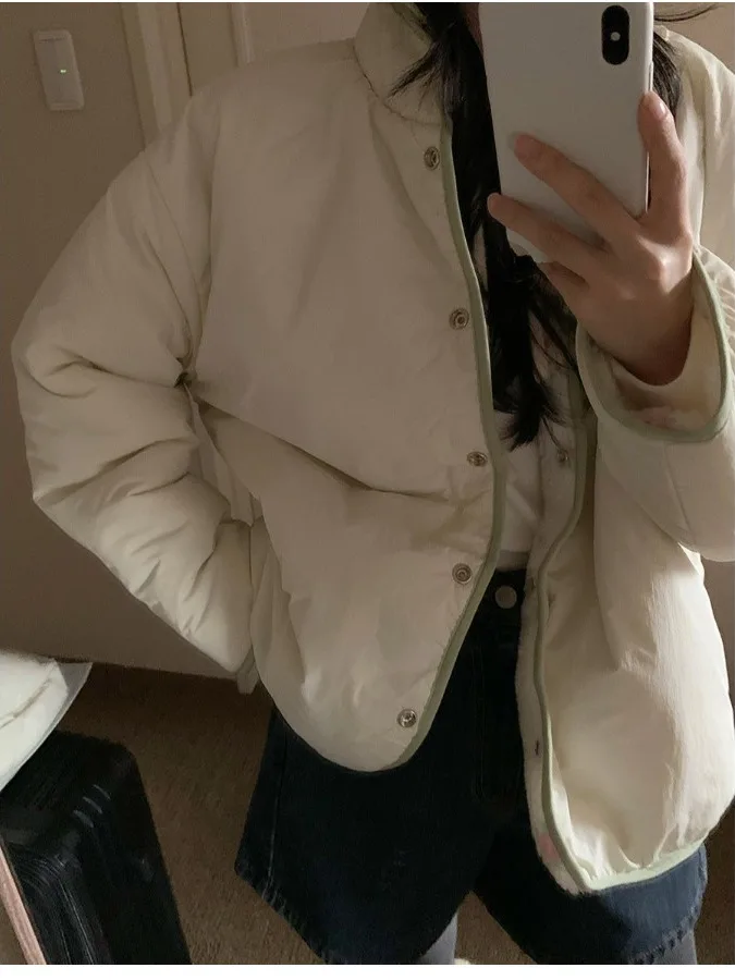 سترة قطنية كورية حلوة بنقشة زهور قابلة للارتداء على الوجهين للنساء، معطف قطني دافئ فضفاض بأسلوب كسول للخريف والشتاء