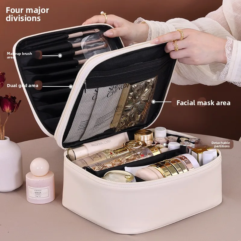 New double-layer four compartment storage makeup bag for travel, portable and multifunctional handheld makeup case, wash bag