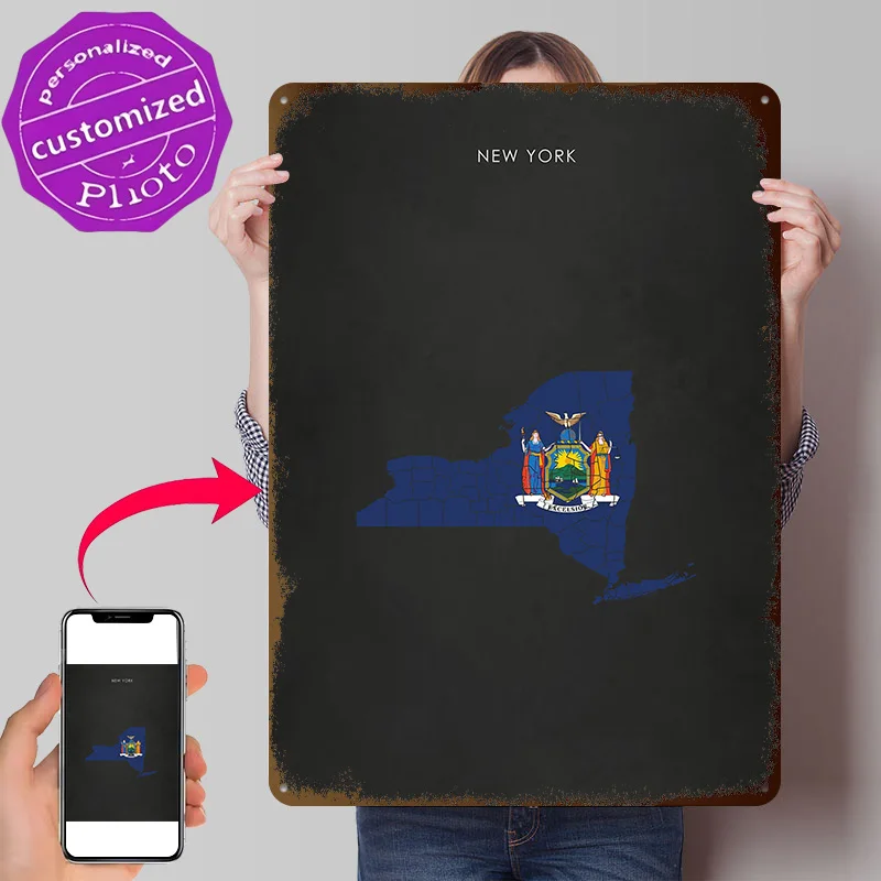 New York State Flag Map Poster Retro 3D Printed Metal Signs Customized Wall Hanging Gift for Modern Home Decoration Luxury Art