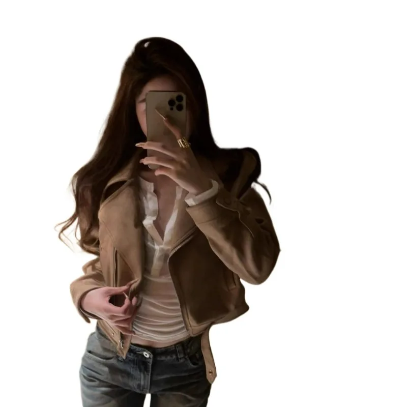 American Khaki Suede Leather Jacket Women's Spring and Autumn Korean Short Waist-cinching Form-fitting Motorcycle Jacket Spring