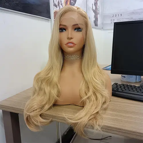 Imagen 2 del producto Peluca rubia de onda suelta RONGDUOYI, peluca con malla frontal para mujer, pelo sintético, fibra resistente al calor, línea de cabello Natural, Cosplay de encaje