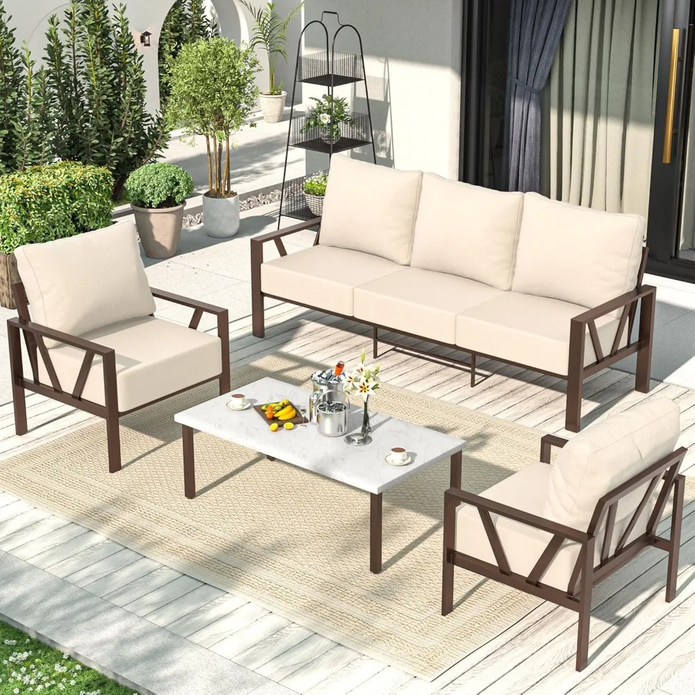 

Outdoor Patio Furniture Set, 4 Pieces Metal Patio Furniture Set with Coffee Table, Modern Outdoor Patio Conversation Seating Set