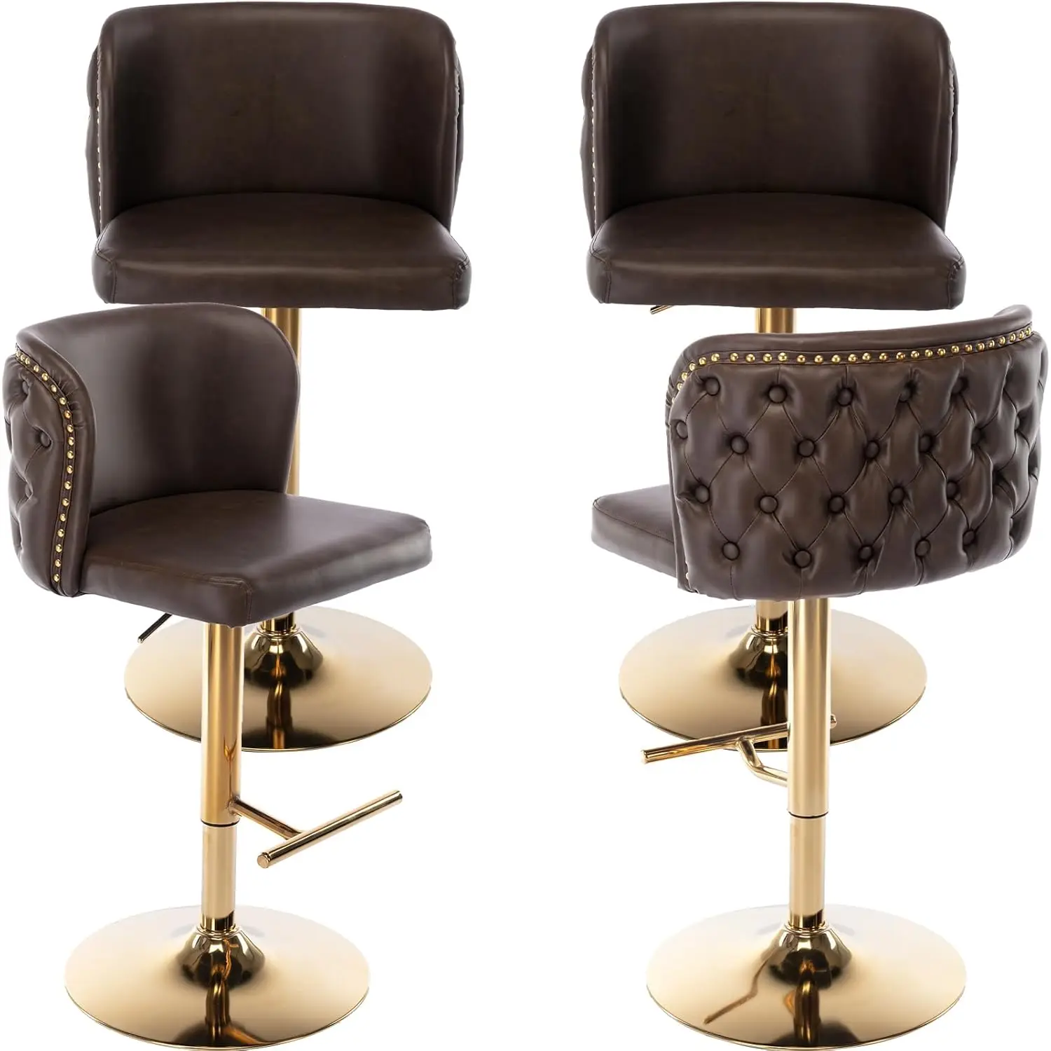 

Комплект из 4 поворотных барных стульев для кухонного острова, регулируемые, с обивкой из искусственной кожи, сиденье цвета эспрессо, золотистое основание, на заказ