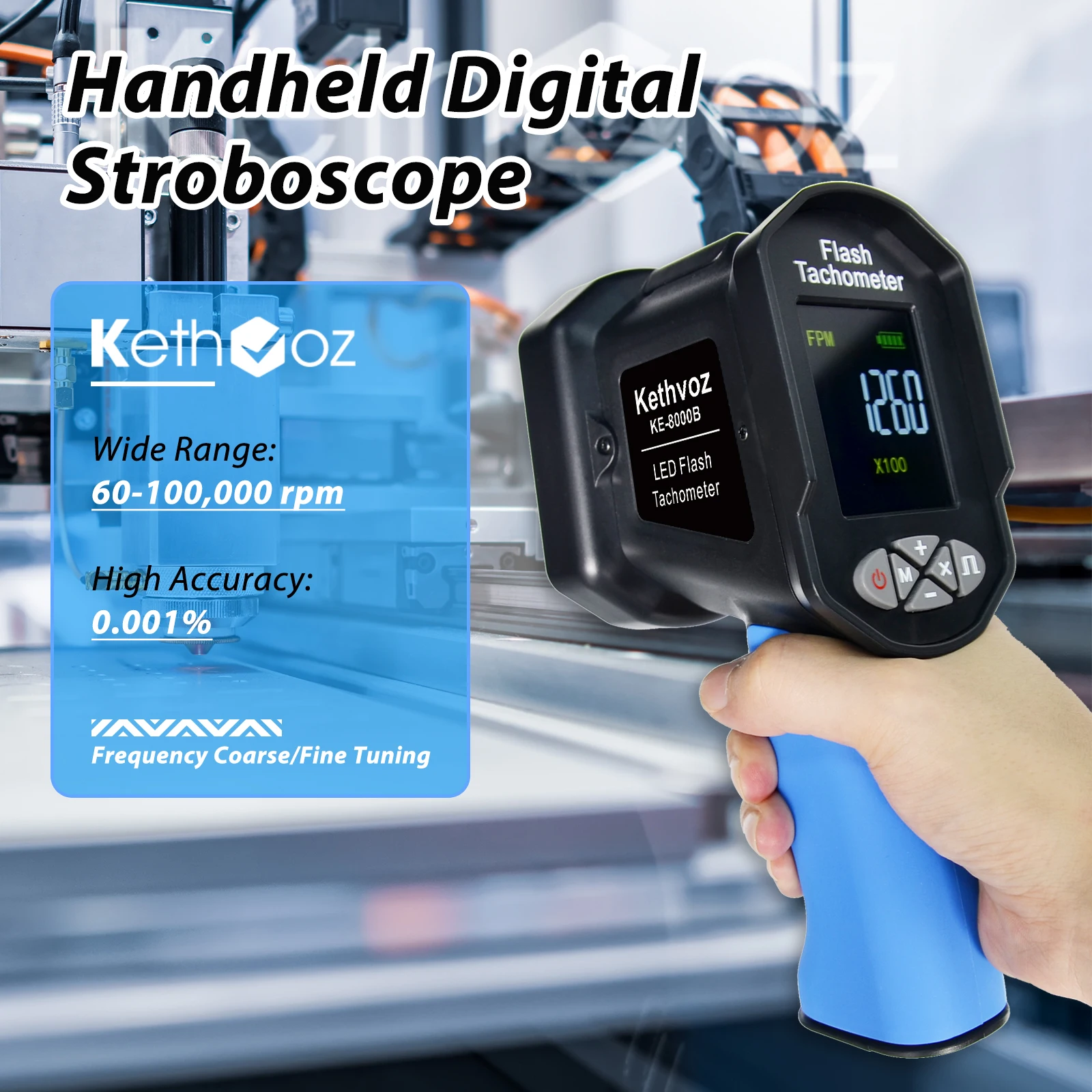 

High-Precision LED Stroboscope Tachometer 60-100K FPM 0.001% Accuracy Rechargeable Non-Contact for Motor Fan Speed Measurement
