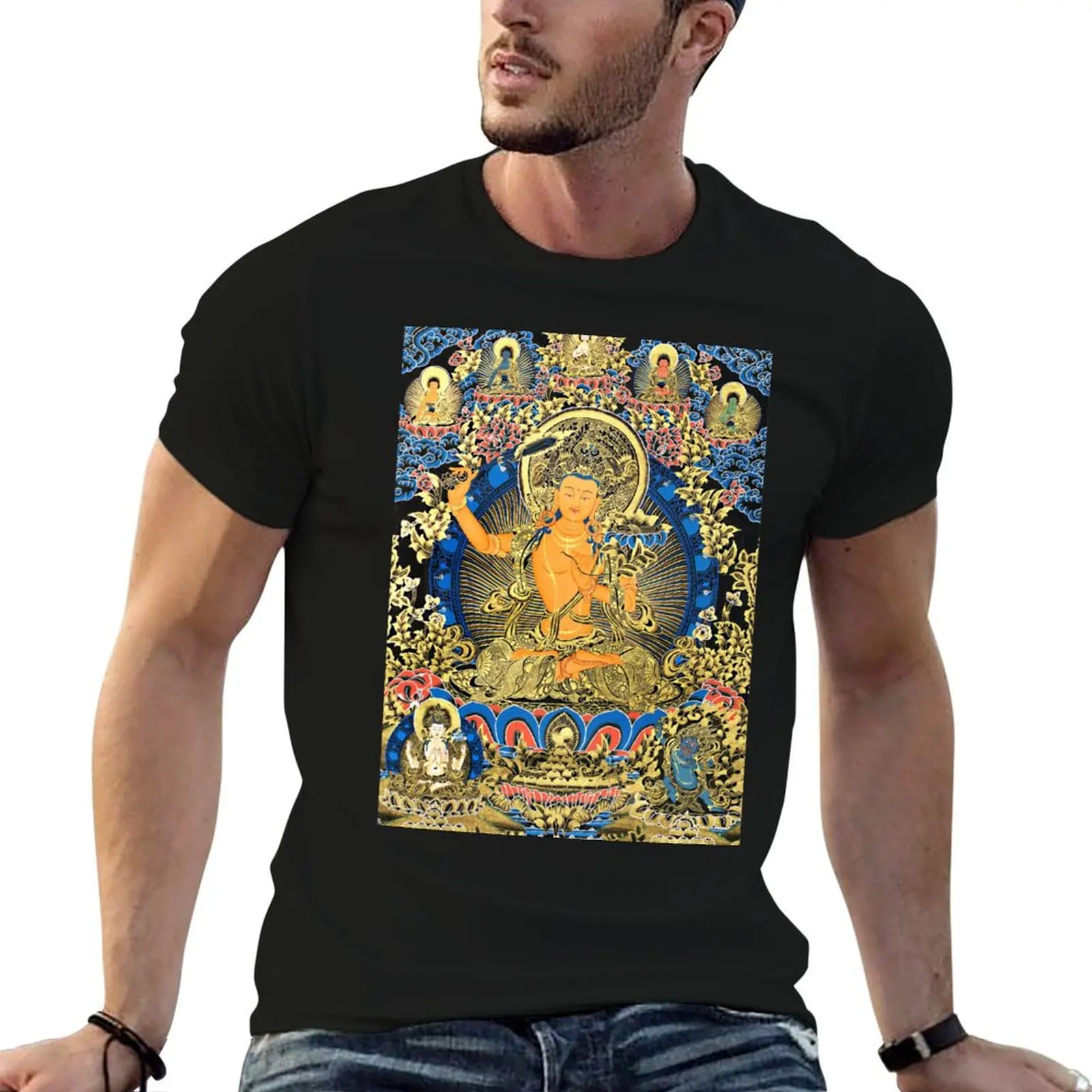

Mandala 102 Bodhisattva Manjushri Gold Blue Thangka T-Shirt black cotton t-shirt plain for man package T-Shirt