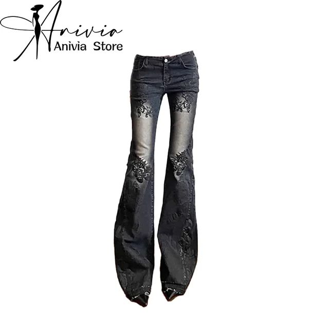Kobiety Gothic Y2k Flare Jeans Harajuku Baggy Denim Trousers 90s Aesthetic Low Waist Jean Pants Vintage 2000s Trashy Clothes 2024