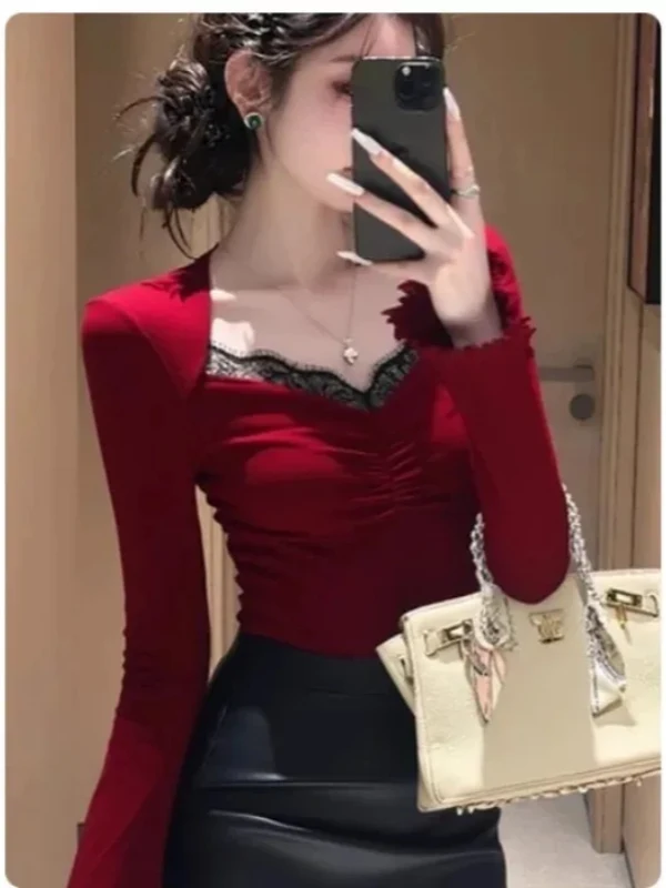 대형 사이즈 레이스 스플라이스 롱 슬리브 티셔츠 여성용 패셔너블 유니크 디자인 출퇴근용 겨울 상의 한국 버전 ...