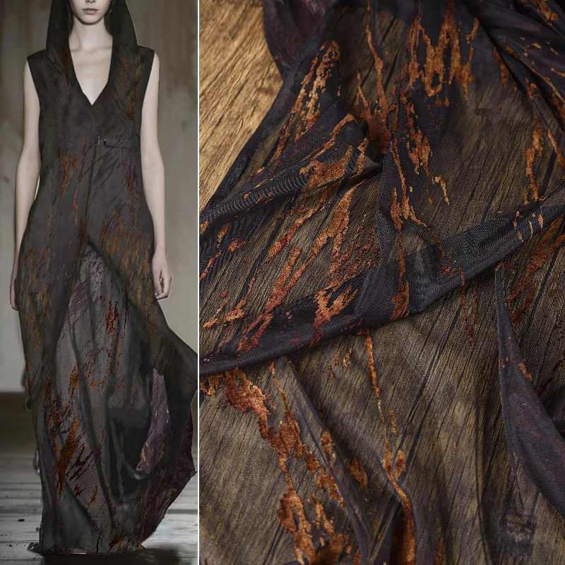 

Black Brown Gradient Stretch Lace Fabric Lightning Flocking Mesh Dress Material Shadow Embroidery 3D Texture Fashion Design