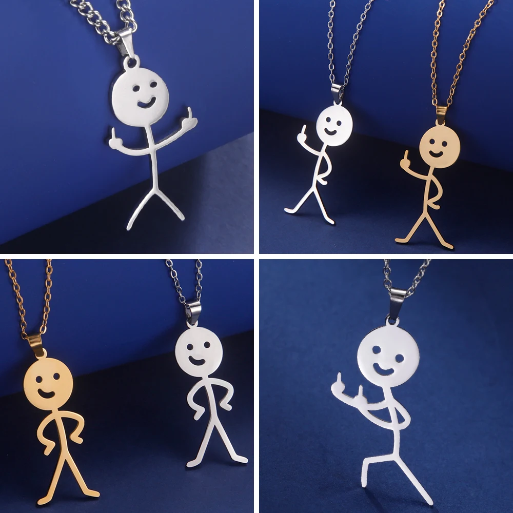 Teamer Hip Hop Middle Finger Stickman Necklace Rock Punk Funny Doodle Pendant Necklace for Women Men Trend Jewelry Gift