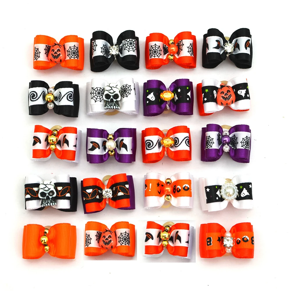 

50/100pcs Wholesale Halloween Party Pet Products Funny Pumpkin Dog Accessories Double Bow Accesorios para perros