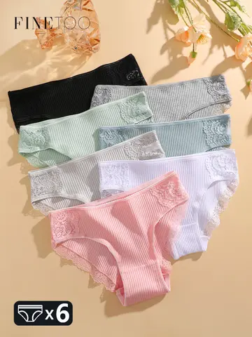FINETOO 6Pcs 코 튼 레이스 꽃 팬티 여성을위한 섹시 한 줄무늬 속옷 솔리드 통기성 팬티 여성 스트레칭 부드러운 란제리
