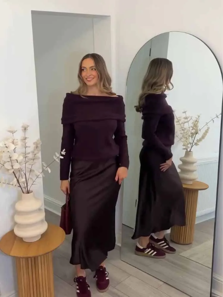 HH Woman Winter Fashion Versatile Long Sleeves Off The Shoulders Elegant Knitted Pullover Female Casual Keep Warm Knitted Tops