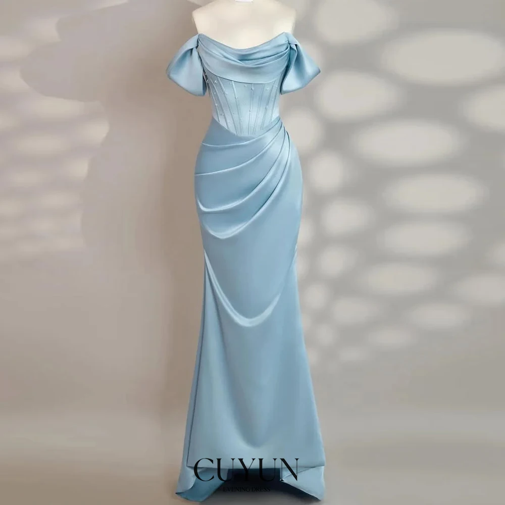

CUYUN Небесно-голубое атласное женское платье русалки для торжественных случаев с открытыми плечами, длинное плиссированное платье для выпускного вечера по индивидуальному заказу с бантом