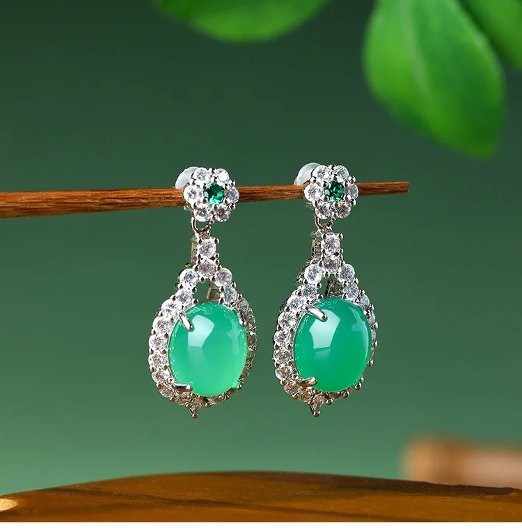 

Green Real Jade Water drop Earrings Stone Charm Women Carved Luxury Gift Ear Studs 925 Silver Natural Jewelry Fashion