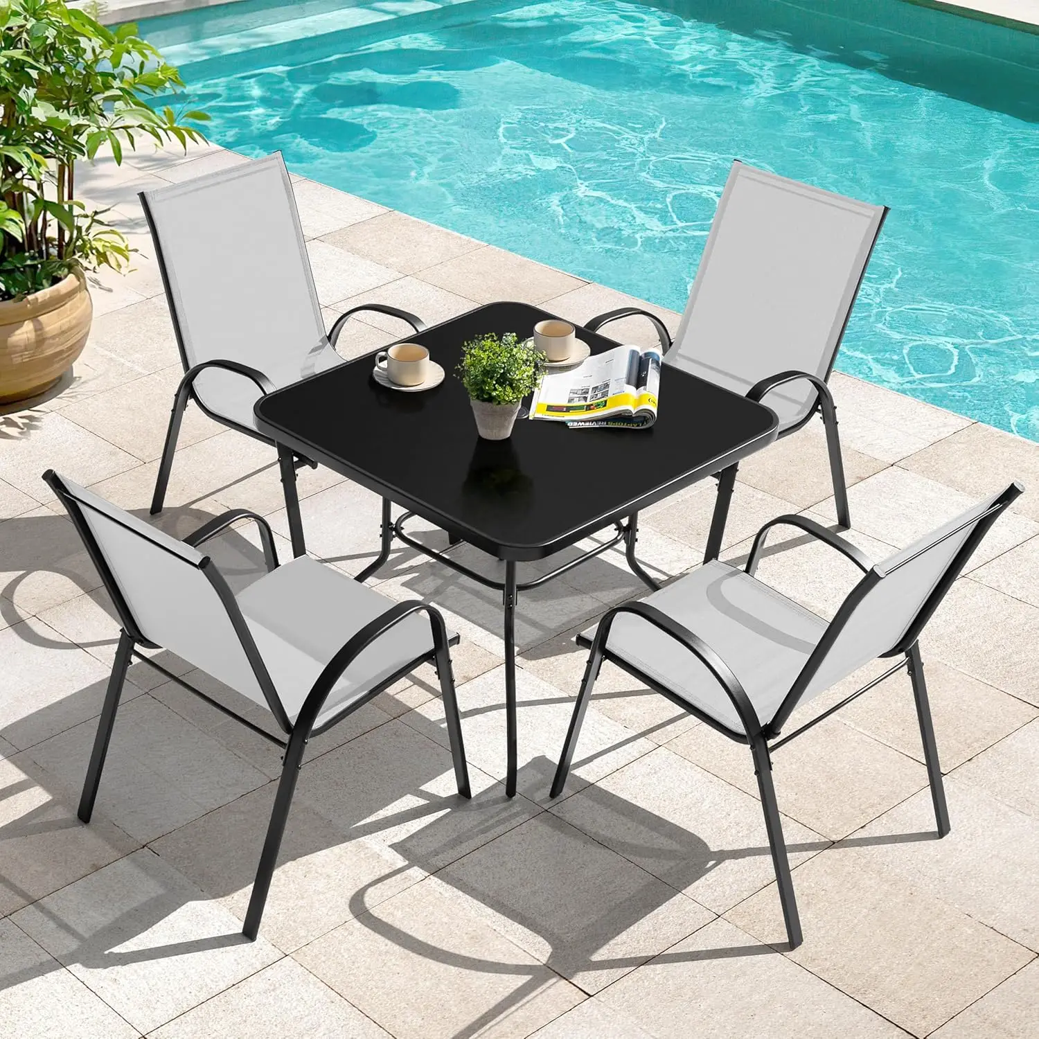 o*-5 Piece Patio Dining Set, Metal Table with Umbrella Hole and 4 Stackable Chairs, Outdoor Dining Furniture for Lawn,