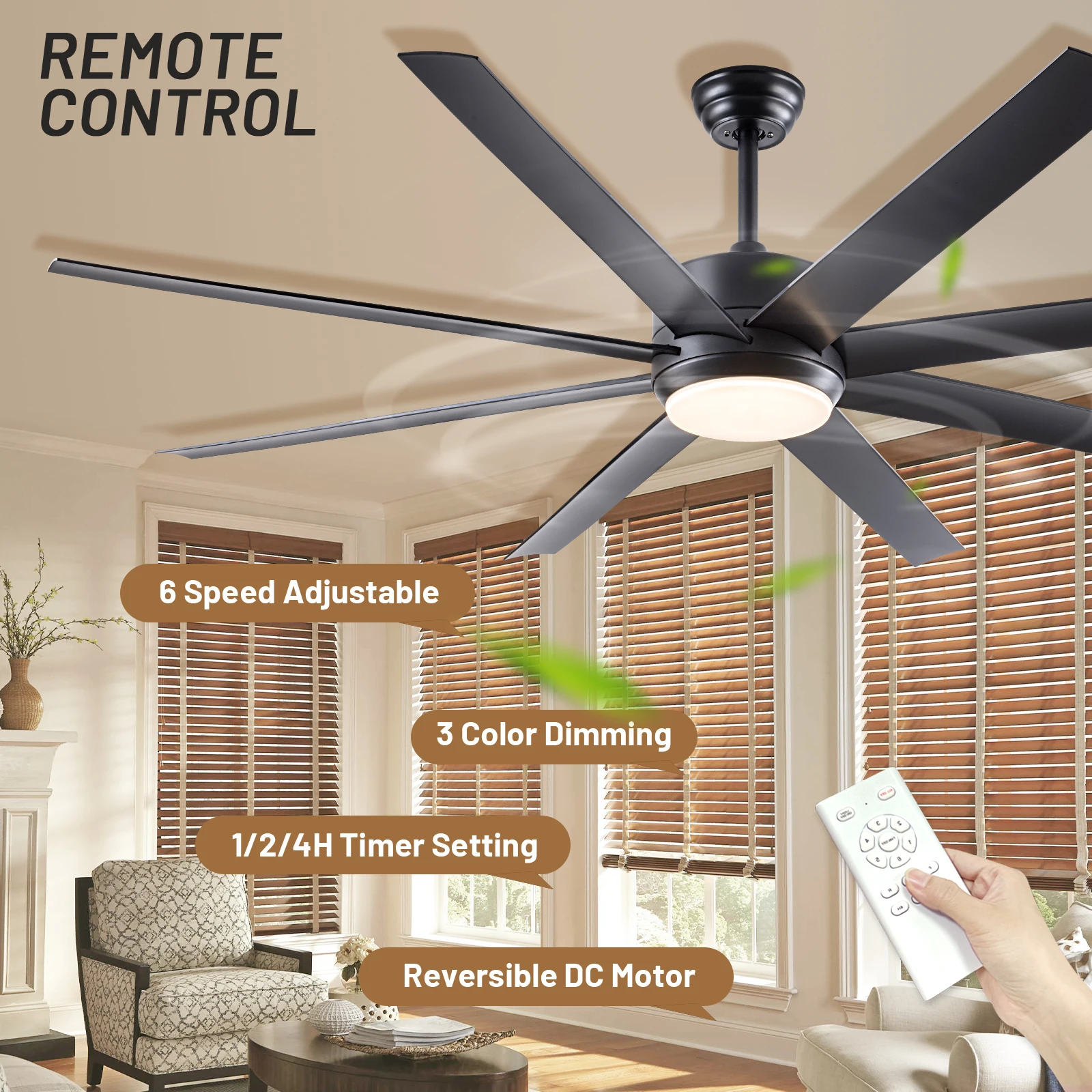 72 inch ceiling fan with light, 6-speed remote control large fan, 8-piece ceiling fan suitable for indoor and outdoor use