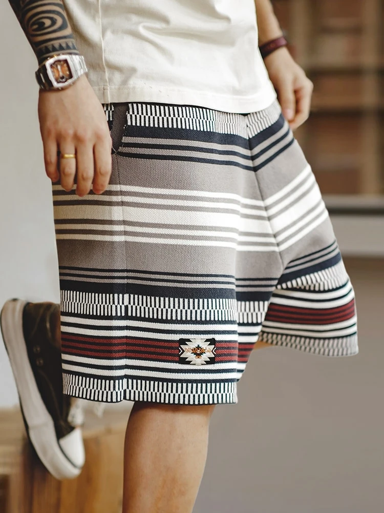 

Американские ретро-шорты в стиле Навахо, вязаные, мужские, плотные, с цветными полосками, прямого кроя, пляжные брюки-капри, летние, повседневные