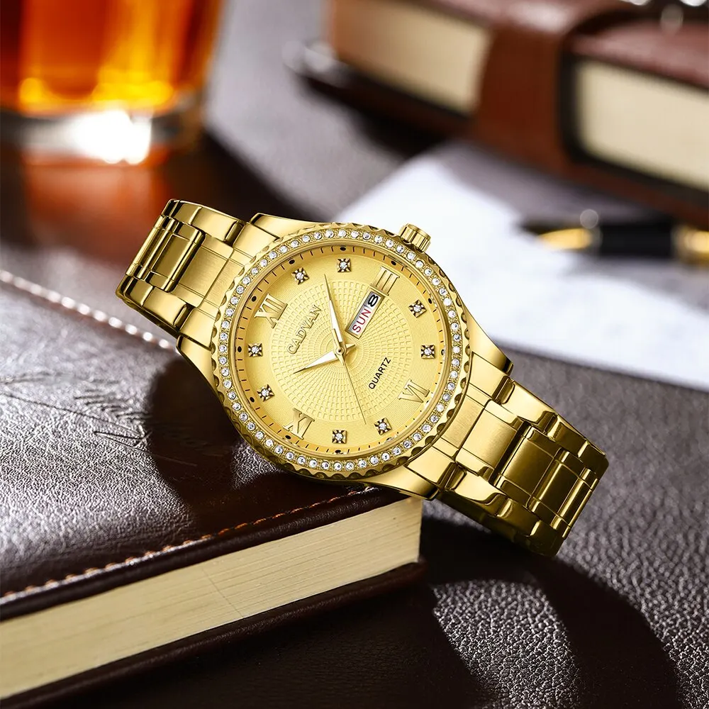 Cadvan Gouden Luxe Heren Horloge Rvs Date Klok Mannen Sporthorloges Mannen Quartz Casual Polshorlogio Relogio Masculino