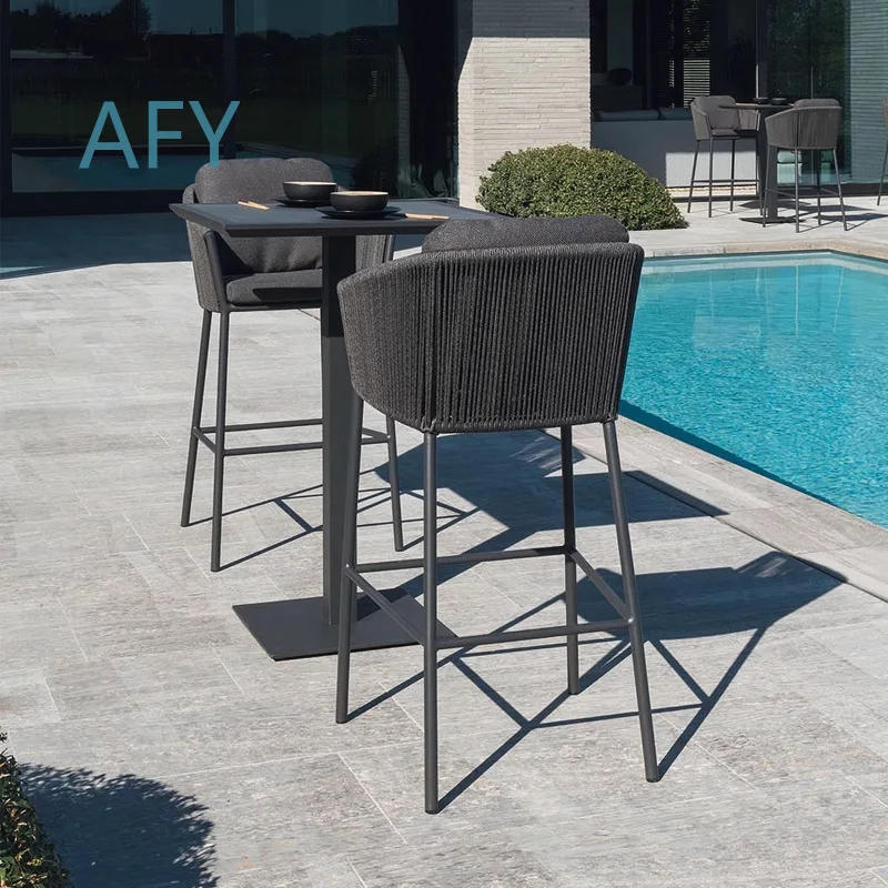 Nordic Outdoor Bar Stool for Patio Garden Balcony Rattan Wicker Rope Weave High Back Dining Chair for Indoor Outdoor Use