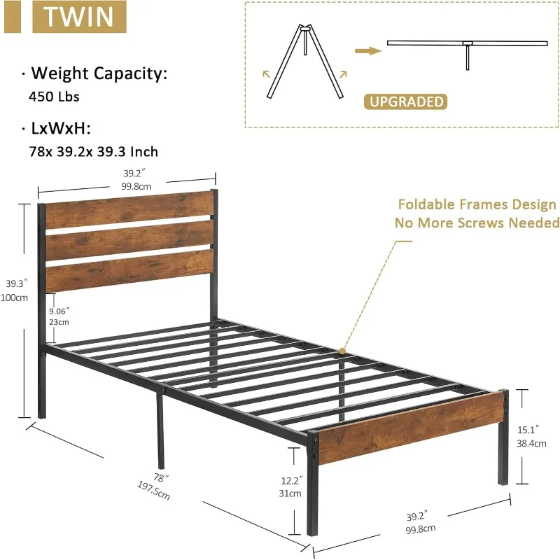 Cadre de lit double avec planche de sauna et pied de lit, bois rustique vintage, base de matelas, support de lattes métalliques de bain