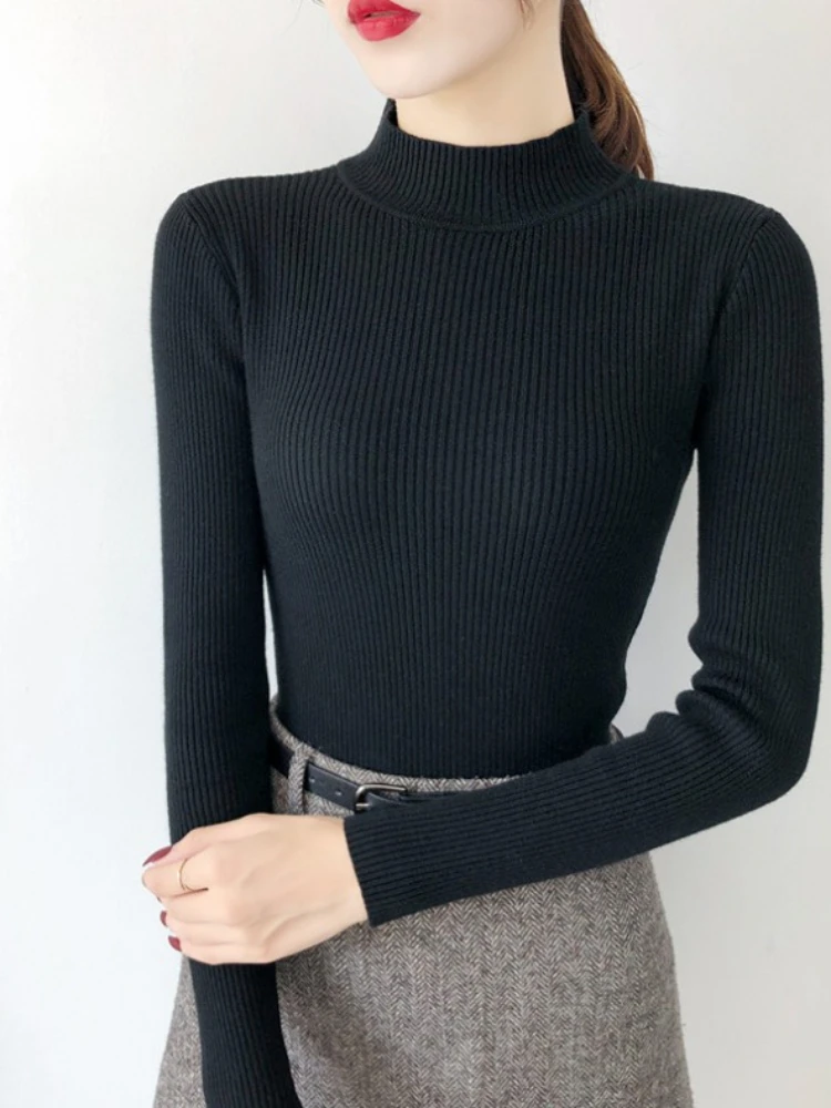 Herbst Winter Mock Neck Frauen Pullover Vintage Grundlegende Solide Strick Tops Beiläufige Dünne Pullover Koreanische Pullover Einfache Chic Jumper