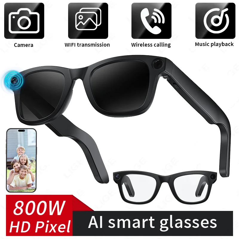 

LIGE 1080P HD AI умные очки многофункциональная камера Bluetooth вызов голосовой помощник музыкальный плеер солнцезащитные очки 300 мАч