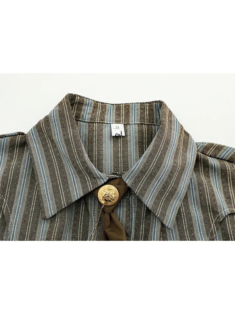 Women Striped Shirts Blouses Vintage Harajuku 90s Aesthetic Y2k 2000s Elegant Polo-Neck Long Sleeve Shirts 2000s Clothes Autumn