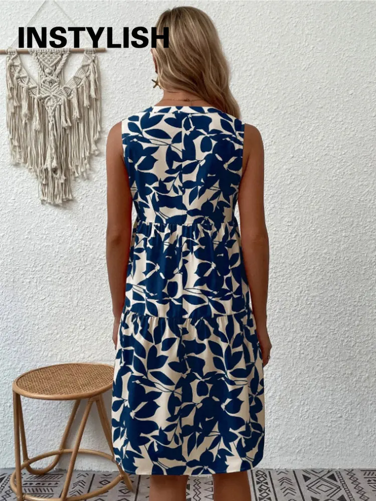 Elegant V Neck Print Ruffles A Line Dress Women Summer Sleeveless Bohemian Sundress Casual Loose Knee Length Beach Party Dress