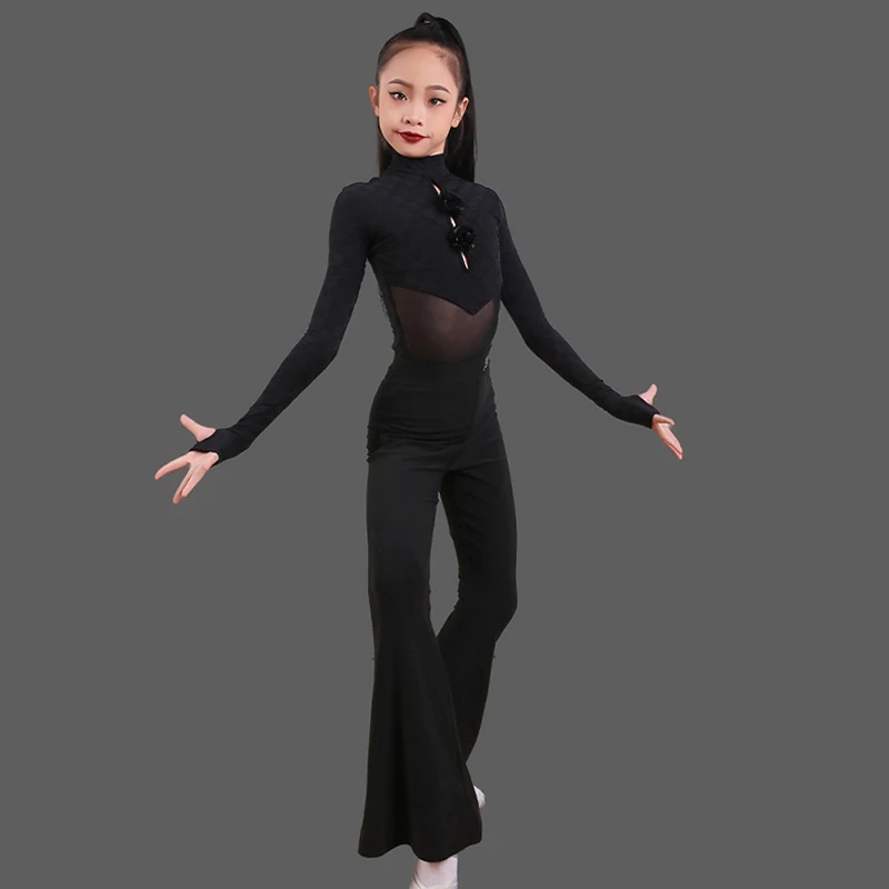 

2026 Black Latin Dance Clothes Girls Kids Long Sleeves Tops Pants Cha Cha Rumba Ballroom Dance Practice Clothing Winter BL13589